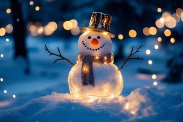 Illuminated snowman on a dark winter evening, generated AI