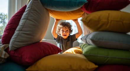 A child is building a pillow fort at home, imaginative play and cozy fun for kids, perfect for family lifestyle advertising and blog posts.