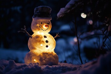 Illuminated snowman on a dark winter evening, generated AI