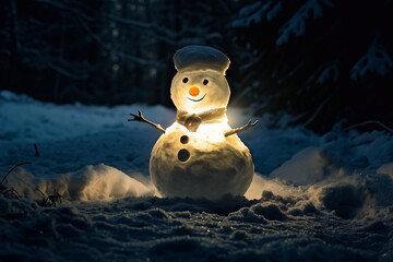 Illuminated snowman on a dark winter evening, generated AI