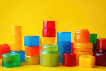 Colorful plastic containers arranged in a cityscape style on a bright yellow background.  Containers in various shapes and vibrant colors create a playful, abstract composition