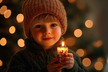 Little boy holding a Christmas candle, generated AI