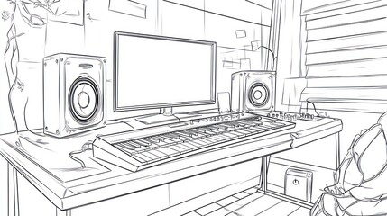 Home music studio sketch; desk setup, MIDI keyboard, monitors, cluttered room;  background for music production