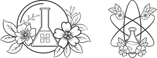 Set of Chemistry Logo and Botanical Flowers Combination Line Art Vector Design | Science and Nature Fusion Illustration