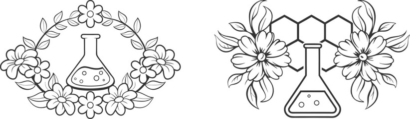 Set of Chemistry Logo and Botanical Flowers Combination Line Art Vector Design | Science and Nature Fusion Illustration