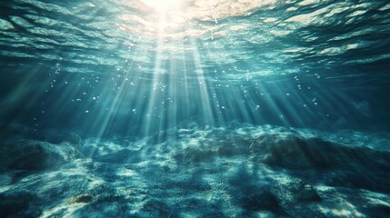 Fototapeta premium Underwater Ocean Scene Sunbeams Bubbles Seabed