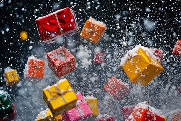 Snow falling on bright Christmas presents, generated AI