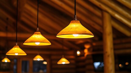 Warm, inviting lighting fixtures within a rustic cabin.