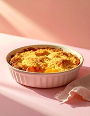 A warm peach crumble sits in a pink baking dish bathed in sunlight