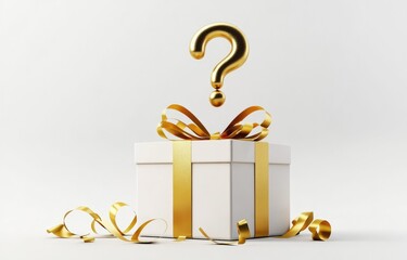 A gift box, wrapped in gold ribbon, with a golden question mark above it