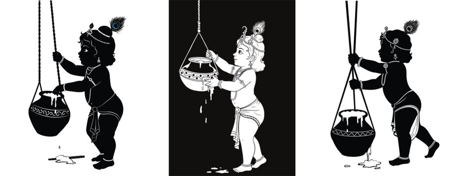 Baby  Krishna Butter Pot Silhouette Art for Janmashtami Festival - Hindu Mythology Baby Krishna Design .