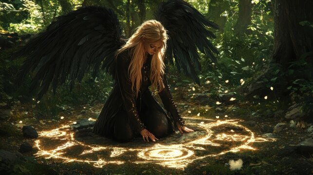 Fantasy woman with black wings kneeling over glowing symbol in forest
