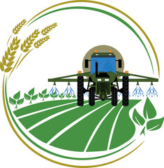Vector illustration of a tractor spraying crops in a field, framed by a round frame with wheat stalks and green leaves. Concept of modern crop care.
