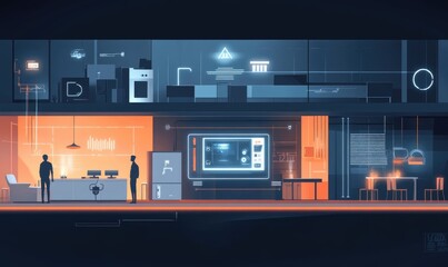 Futuristic, multi-level, interconnected kitchen and dining area.