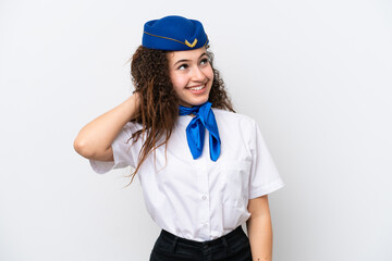 Airplane stewardess Arab woman isolated on white background thinking an idea