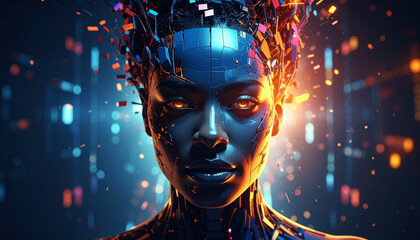 Cybernetic Sentinel: A mesmerizing portrait of a technologically advanced female figure, her features sculpted with intricate cybernetic enhancements, and illuminated by a vibrant digital landscape.