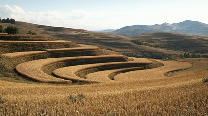Hillside terraced wheat fields, harvest, rural landscape, China