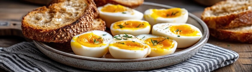 Half boiled egg with protein and nutrition from yolk concept. Delicious boiled eggs served with toasted bread on a plate.