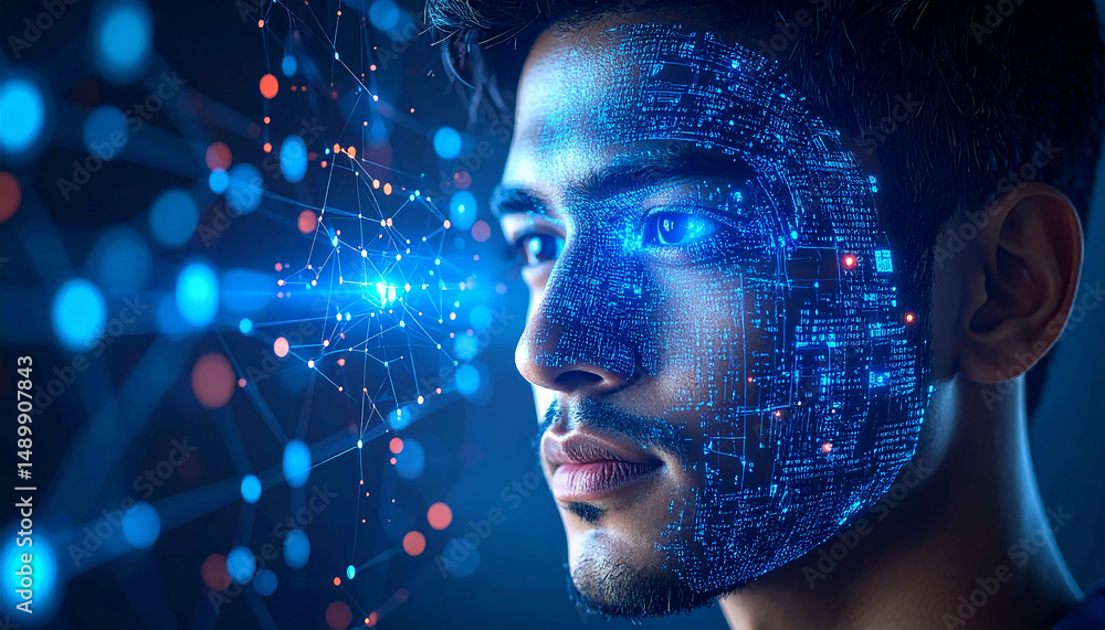 Poster digital enhancement: a man's face merges seamlessly with a network of glowing, interconnected data p
