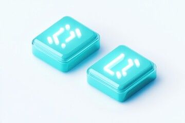 Two teal, square buttons with glowing, stylized icons