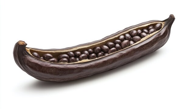 Dark chocolate-colored pod, lengthwise cut, reveals numerous dark seeds inside