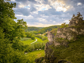 Rock Climbing Area Labertalwand In The Bavarian Jura: Dramatic Limestone Cliff Surrounded By Lush...