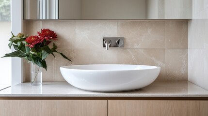 Fototapeta premium Modern bathroom vessel sink with red flowers minimalist interior design