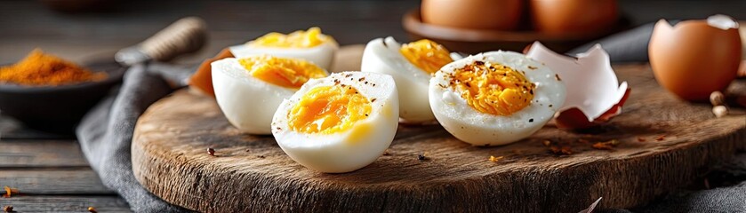 Rustic kitchen with yolk and nutrition from protein concept. Deliciously presented boiled eggs on a wooden board.