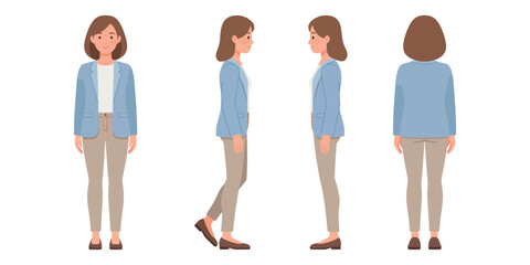 “Casual Woman Character in Blue Jacket and Beige Pants – Front, Side, and Back Views Illustration”