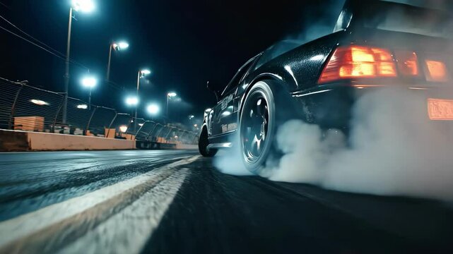 Highspeed night drift: racing car burnout on wet asphalt with dramatic smoke and lights