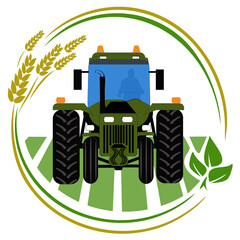  illustration of a green tractor in a field, depicted in a stylized design with a round frame. The concept of agriculture and plant cultivation.