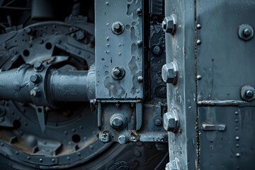 Close-up View of Industrial Machine Components: Bolts, Metal, and Connections, Revealing the Intricate Details of Heavy Machinery Construction, Demonstrating Robustness and Precision Engineering.  A S