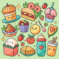 Cute food illustrations, various desserts and snacks