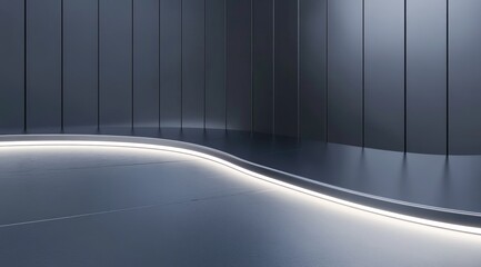 Modern, dark, empty stage with curved LED light