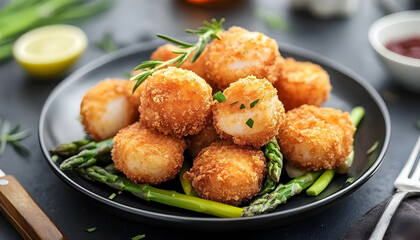 Delicious fried scallops with asparagus served on table, closeup