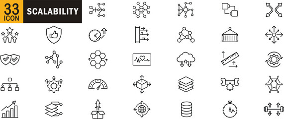 Scalability outline icon set. Growth, performance, network, optimization, metrics, cloud, structure and more.