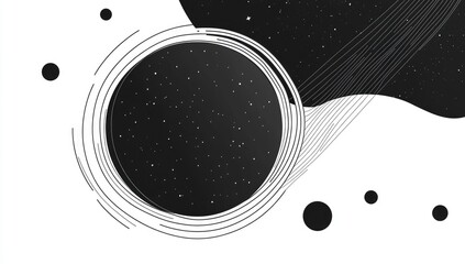 Abstract cosmic swirl, black circle, white background, dotted patterns, swirling lines, futuristic design