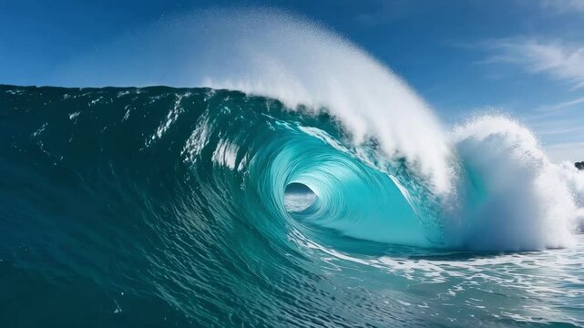 Majestic ocean wave surging and crashing under a clear blue sky