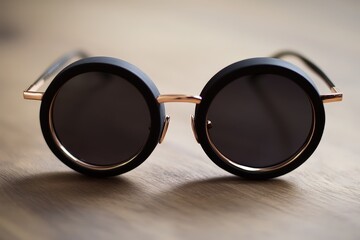 Close-up view of round sunglasses with dark lenses.