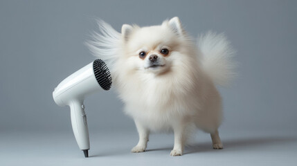 Fototapeta premium A white pomeranian dog holding a hair dryer blowing its fur with beautiful waves in the wind on silver grey background. fashion elegant minimalism luxury pet grooming pet salon advertising photograph 