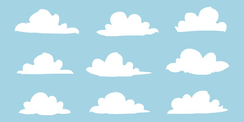 “Collection of White Cartoon Cloud Silhouettes on Blue Background – Vector Cloud Icons Set”