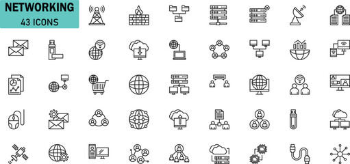 Networking Vector Icons Set – 43 Line Technology and Communication Symbols