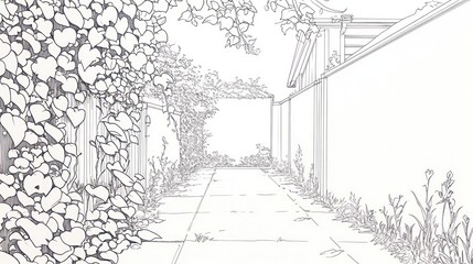 Fototapeta premium Alleyway path, plants, wall, peaceful garden, architecture, design, illustration