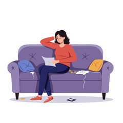 Young woman sitting on a couch, looking stressed while reading paperwork in a messy living room with copy space
