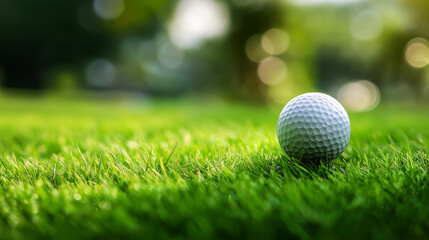 Obraz premium A single golf ball sits on a well-groomed patch of green grass, bathed in soft natural light. The background is gently blurred, creating a bokeh effect with hints of greenery.