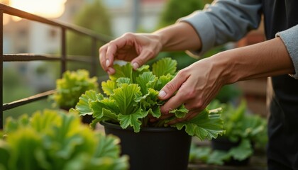 Closeup Of Hands Gently Tending Lush Green Potted Plants On A Balcony In Warm