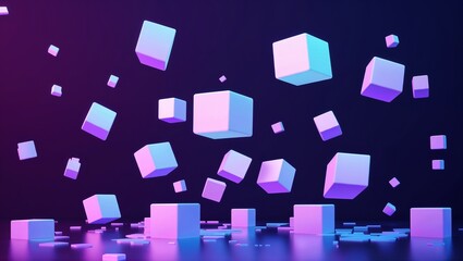 Floating cube fragments glowing in the dark on plain dark background