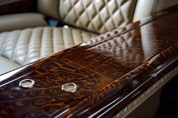 Luxury Vehicle Interior: Polished Wood Armrest with Elegant Details and Subtle Chrome Accents Showcasing Exquisite Craftsmanship and Design in Automotive Interiors, Highlighting Rich Textures and Refi