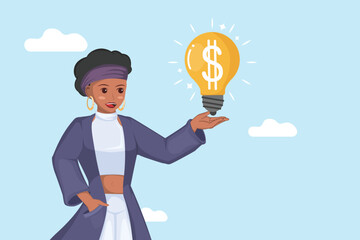 The Concept of Profitable Innovation: Illustration of a Woman Presenting a Shining Light Bulb Symbolizing a Money Making Idea.