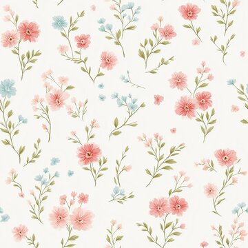 A beautiful floral pattern with pink and blue flowers on a soft white background, perfect for designs and decor.